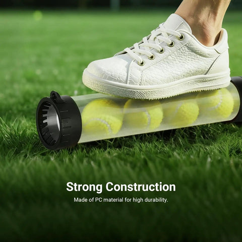 Shoe pressing on golf ball-filled tube, No Bending Over Golf Ball Retriever Tool 33 Inch Lightweight Aluminum Picker Upper Tube