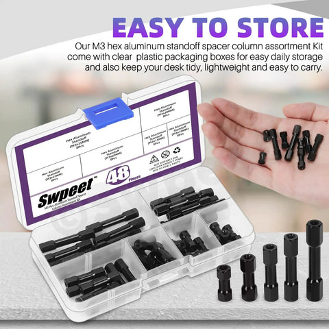 Six Sizes M3 Aluminum Hex Standoff Spacer Set, 48 Pieces With Eight 10mm 15mm 20mm 25mm 30mm 35mm Spacers in labeled box