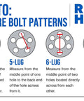 Diagram showing how to measure bolt patterns for 4, 5, 6, and 8-lug wheels, including measurement tips and labels from Rigid Hitch.