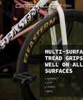 Bike with 26 Inch Bike Tire Replacement Kit With Or Without Inner Tubes Includes Tools Fits 26 By 1.75 And 26 By 2.125 Rims Yellow Logo 2 Pack Without Tubes Upgrade From OEM Parts on asphalt