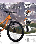 24 Inch Kids Mountain Bike With Front Suspension Fork 6 Speed Gears Built To Last Steel Frame Ergonomic Foam Saddle Off Road Ready For 9 To 15 Year Olds Bright Orange with 24-inch wheels and ergonomic foam saddle details.