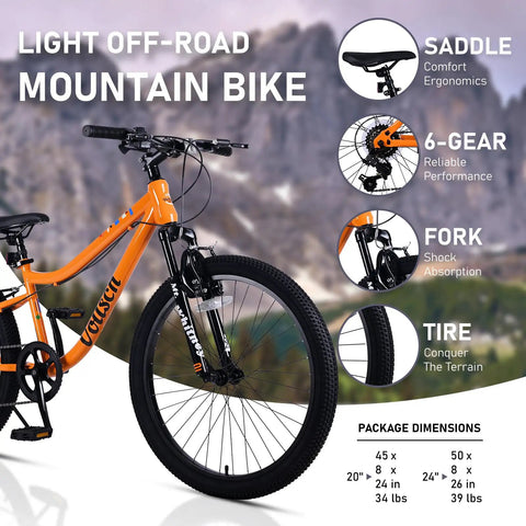 24 Inch Kids Mountain Bike With Front Suspension Fork 6 Speed Gears Built To Last Steel Frame Ergonomic Foam Saddle Off Road Ready For 9 To 15 Year Olds Bright Orange with 24-inch wheels and ergonomic foam saddle details.