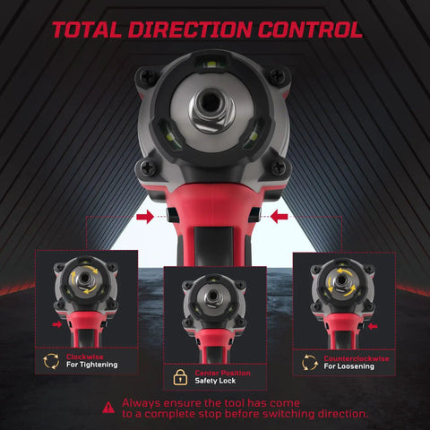 Beast Mode Brushless Cordless Impact Wrench With Half Inch Drive, 600 Nm Torque, 450 Ft-Lbs Max, Dual 4000mAh Batteries, LED Work Light, Heavy Duty Kit For Lug Nuts And Industrial Bolts, direction control diagram