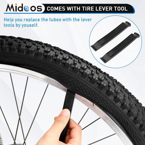 Hand using lever on 24x1.95 Mountain Bike Tire And Tube Set With Schrader Valve Includes 2 Tire Levers Compatible With 24 Inch MTB BMX Off Road Bikes Fits 24x1.75 1.95 2.0 2.10 2.125 Tires Durable Puncture-Proof Tire Kit.