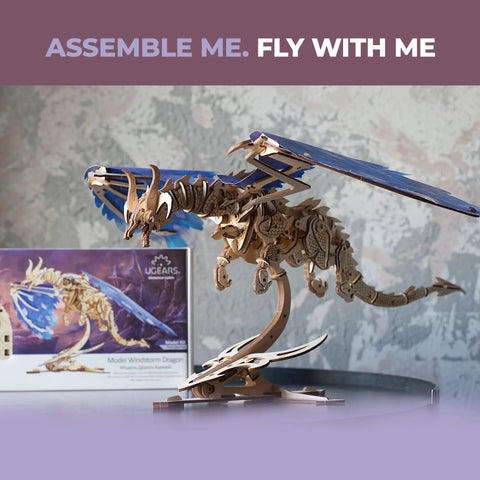 Windstorm Dragon Model Kit 3D Mechanical Puzzle With Rubber Band Motor For Adults To Build Fun Brain Teaser Hobby Kit That Lets The Wings And Body Animate In Realistic Flight Motion, assembled dragon display