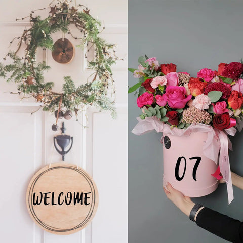 Door wreath with welcome sign and pink flower bucket with '07' labeled sticker.