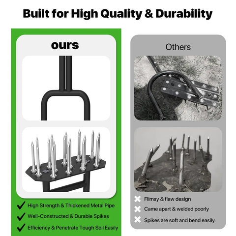 Comparison showing Heavy Duty Lawn Aerator Spike Tool With 18 Steel Spikes And 38.8 Inch Manual Handle vs. competing design