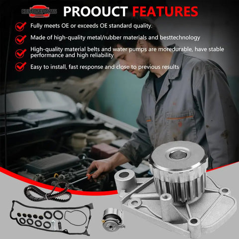 Mechanic inspecting engine beside Timing Belt Kit With Water Pump And Tensioner For Honda Civic 2001 2005 1.7L L4 SOHC