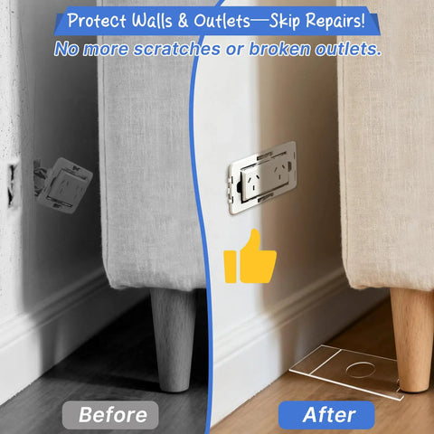 Clear Non Slip Couch Stoppers 2 Pack 9 Inch Universal Furniture Spacers on floor protecting wall and outlet from scratches.