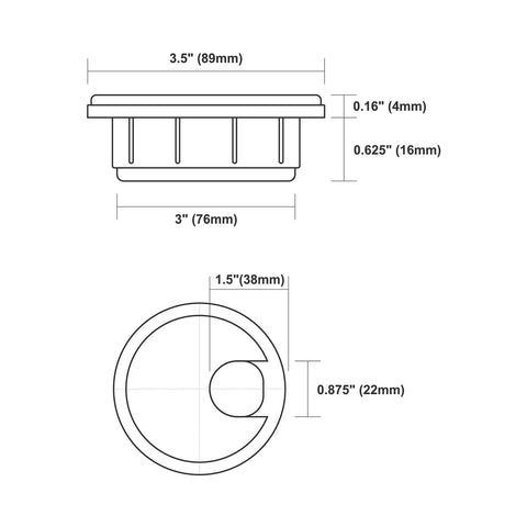 Diagram of 5 Pack Black Round Desk Cable Grommets 3 Inch 76mm Two Piece ABS Plastic Hole Cover showing dimensions and design