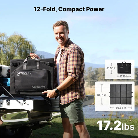 Person holding 440W Portable Solar Panel System with Foldable Solar Bag, showing compact foldability and weight.