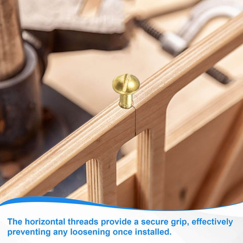 Brass Round Head Wood Screw M3 x 25mm in wood, slotted self-tapping, installed on wooden furniture