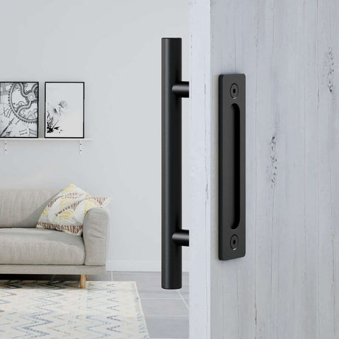 Heavy Duty 12 Inch Pull And Flush Barn Door Handle Set, Tough As Nails Matte Black With Ultra Thin Backplate, installed on white door