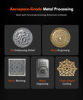 Image displaying various metal processing techniques like 3D embossing, deep engraving, black marking, metal engraving, and clean-edged cutting.