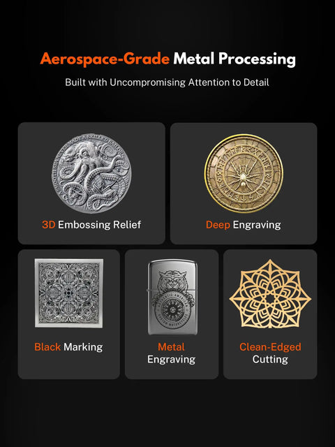 Image displaying various metal processing techniques like 3D embossing, deep engraving, black marking, metal engraving, and clean-edged cutting.