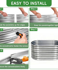Instructions for assembling 3 Pack Galvanized Raised Garden Beds 3x2x2 Feet Outdoor Oval Metal Planter Boxes, showing tools and steps.