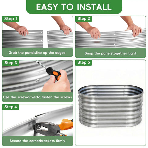 Instructions for assembling 3 Pack Galvanized Raised Garden Beds 3x2x2 Feet Outdoor Oval Metal Planter Boxes, showing tools and steps.