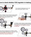 Diagram instructions on checking if a Beefy Dual Gauge CO2 Regulator for Kegerator is leaking, showing gauge readings and adjustments.