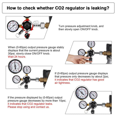 Diagram instructions on checking if a Beefy Dual Gauge CO2 Regulator for Kegerator is leaking, showing gauge readings and adjustments.