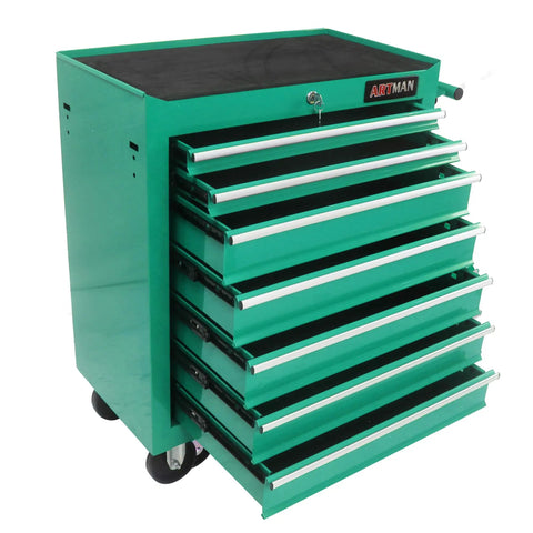 Green 7 Drawer Rolling Tool Chest Cart With Four Wheels Locking System And Drawer Liners Portable Tool Cabinet Trolley
