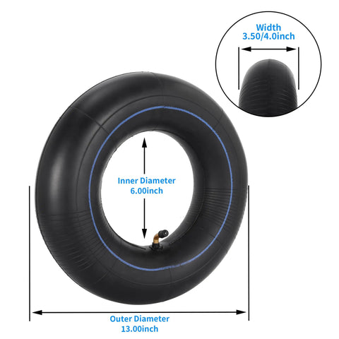 Heavy Duty 3.50/4.00-6 Inner Tube With TR87 Bent Valve, dimensions, for Lawn Mowers, Wheelbarrows, Go Karts