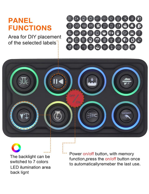 Beefy 8 Gang Switch Panel 12V 24V IP68 Waterproof with modes, color backlighting, and replaceable button labels for DIY customization.