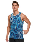 Sick Pattern Mens Hella Breathable Mesh Tank Top With Secure Hidden Pocket And Bold Blue Gears Design worn by a model, showcasing lightweight design.