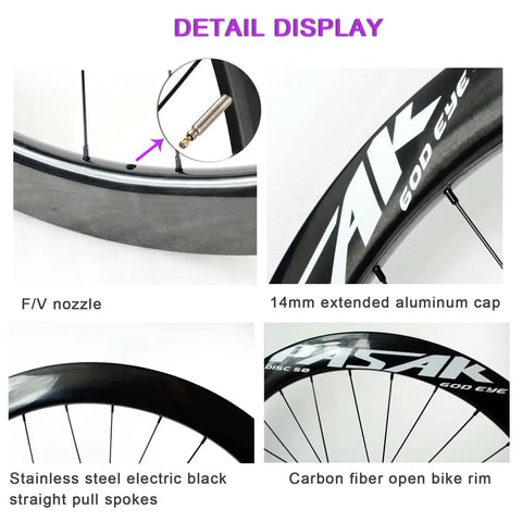 Detail display of Carbon Fiber 700C Road Wheel Set With Mid Lock Disc Brakes, 28 Hole, 1850g Per Pair, rim and spokes
