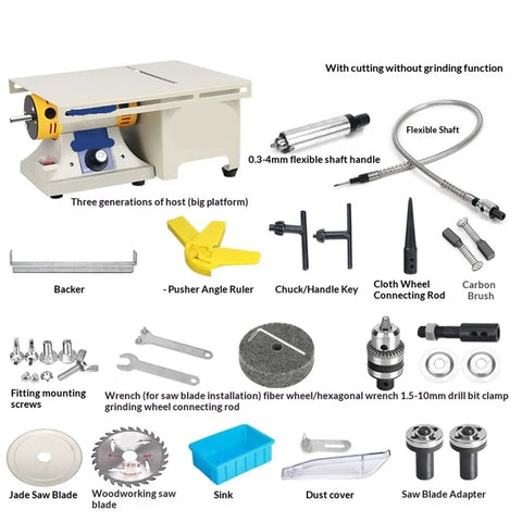 Jade Carving Machine Bench Grinder Polisher Cutting Tool Electric Stone Workbench accessories and parts displayed on a flat surface.