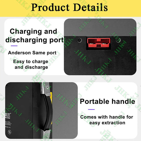 High Capacity 48 Volt Lithium Battery For Electric Forklift And Pallet Jack With Portable Handle showing charging port and handle design.