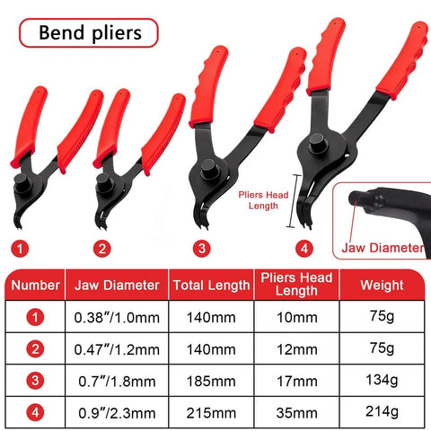 Bent pliers from Ten Piece Snap Ring Pliers Set For Automotive Retaining Rings Removal And Installation Including Internal And External Circlips.