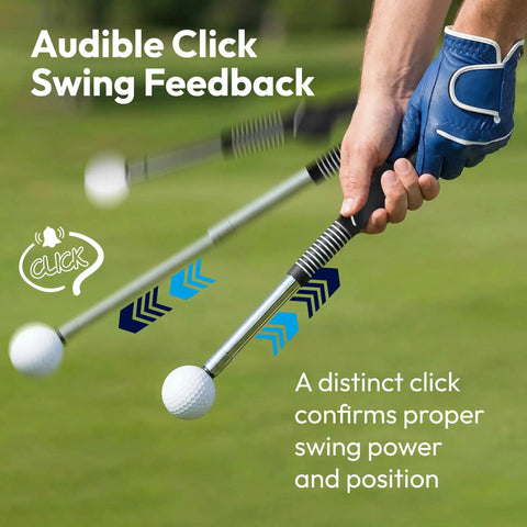 Person using Retractable Click Stick Golf Swing Trainer With Grip Feedback for tempo rhythm and swing speed in outdoor setting.