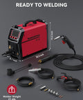 All In One 6 In 1 MIG Welder With Gas, Flux Core, Stick MMA, Lift TIG, Spot Weld, Spool Gun Ready Aluminum Multi Process Welder, 200Amp, LED Display, Burn Back Adjustment, 110V 220V showing accessories and dimensions
