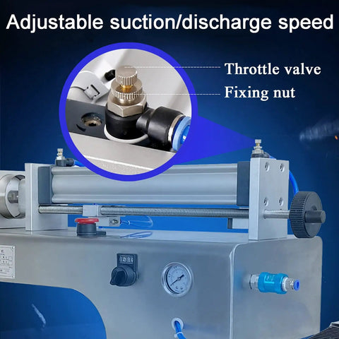Close-up of the throttle valve and fixing nut on the Straight Up Automated Pneumatic Liquid Filling Machine With Bulletproof Stainless Steel Build And No Drip Nonsense Nozzle For Effortless Commercial Bottling Across 500ml To 5000ml Runs.