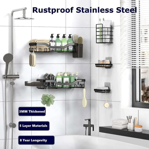 7 Pack Adhesive Shower Caddies With 24 Hooks Rustproof Stainless Steel Bathroom Shelves installed on shower wall