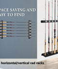 Wall Mount Fishing Rod Rack Organizer For Garage Or Home 6 And 8 Horizontal Or Vertical Rod Holder with EVA cushioning, gray with red accents.