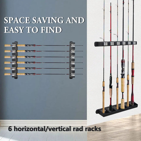 Wall Mount Fishing Rod Rack Organizer For Garage Or Home 6 And 8 Horizontal Or Vertical Rod Holder with EVA cushioning, gray with red accents.