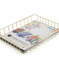 Gold Desk File Tray Organizer For A4 Papers And Documents, Wire Letter Size Desk Tray With Magazine Storage Basket, holding papers