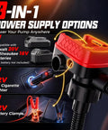 3-in-1 power supply options for 5GPM Cordless Fuel Transfer Pump With Auto Stop Valve 51 Inch Hose And Five Quick Connect Adapters.