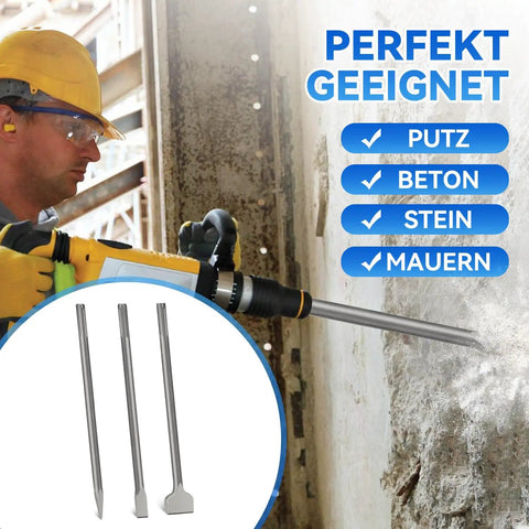 Worker using rotary hammer drill with 3 Piece SDS Max Chisel Set for masonry concrete; includes point, flat, and wide chisels.