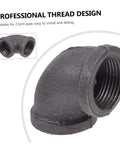 Close-up of a black iron elbow fitting from Heavy Duty Iron Hose Connectors 6 Pack Elbow Fittings For Industrial Use Black Couplings Easy To Install High Performance Tube Fittings For Long Lasting Repairs.