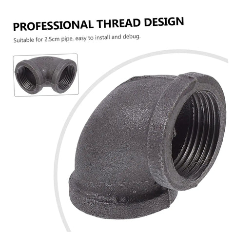 Close-up of a black iron elbow fitting from Heavy Duty Iron Hose Connectors 6 Pack Elbow Fittings For Industrial Use Black Couplings Easy To Install High Performance Tube Fittings For Long Lasting Repairs.