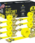 Two Inch By Twelve Foot E Track Ratchet Straps 8 Pack Yellow Beefy Heavy Duty Cargo Tie Downs For Trucks Vans Trailers Secure Loads
