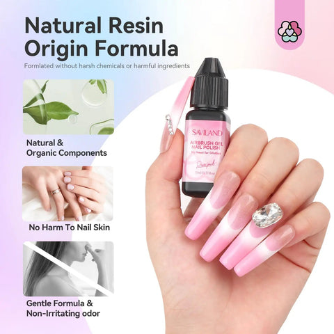Airbrush Gel Nail Polish Set With 24 Hema-Free Non-Acetone Colors For Gradients And Layered Nail Art bottle and manicured nails