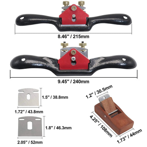 Adjustable Spoke Shave Set With Flat Base, 2 Sizes, 6 Replaceable Metal Blades, And Portable Woodworking Planes with dimensions.