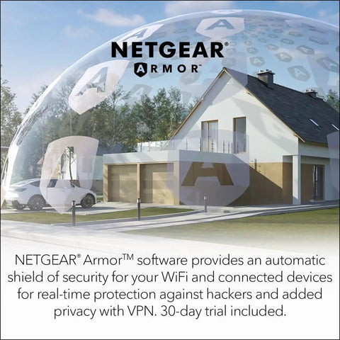 House protected by dome symbolizing NETGEAR Armor, related to Orbi 770 Series Tri Band WiFi 7 Mesh System With Router And Two Satellites
