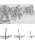 Heavy Duty Drywall Anchors And Screws Kit with galvanized iron toggle bolts and wing nuts, in a clear plastic organizer box.