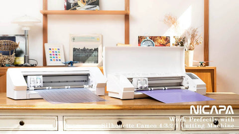 NICAPA StandardGrip cutting mats for Silhouette Cameo, 12x12 inch, two purple mats loaded in two white Cameo machines.