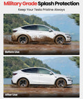 Tesla Model Y with and without Juniper Mud Flaps in muddy conditions, showcasing all weather splash guards for 2025 2026 Model Y.