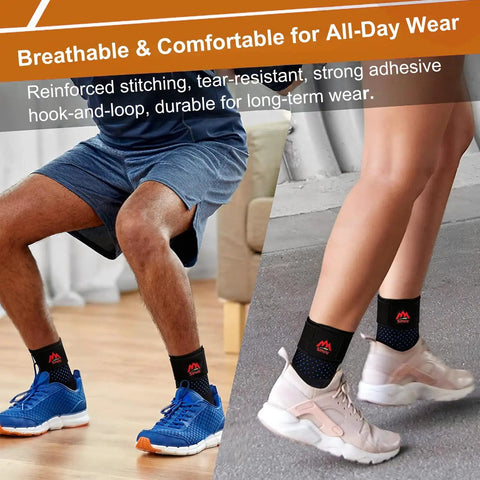 Two Pack Adjustable Ankle Brace For Sprains And Recovery Breathable Neoprene Support shown on athletes with different shoes